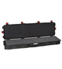 The Explorer 15416 is a long black waterproof case with a stainless steel-reinforced hard shell, open lid, foam interior, red edge latches, and a manual pressure release valve for extra protection.