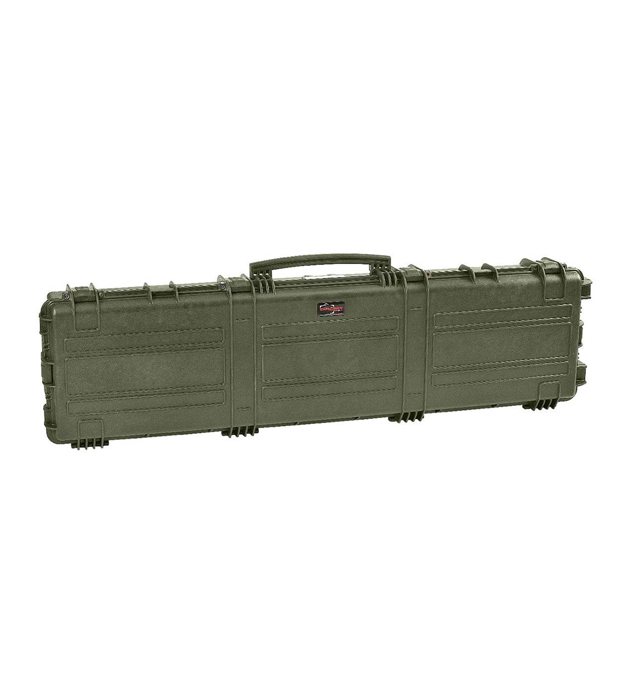 The Explorer 15416 is a hard plastic, olive green rifle case with a handle and secure latches. Waterproof and durable, it’s designed to safely transport and protect firearms.