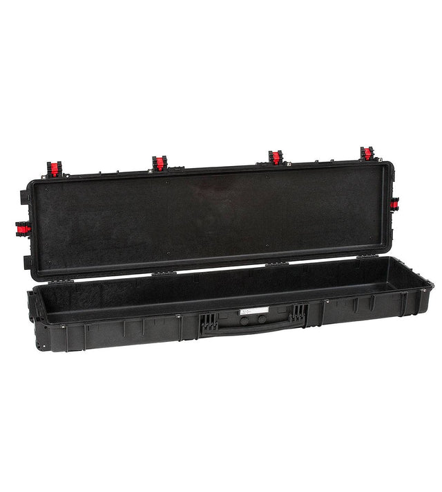 The Explorer 15416 is a black hard-shell waterproof case with a hinged lid, secure latches, handle, and stainless steel reinforced manual pressure release valve, shown open to reveal its empty interior.