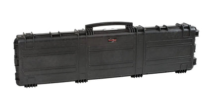 The Explorer 15416 is a large black waterproof case with a handle, latches, and stainless steel reinforced edges, designed for secure equipment transport.