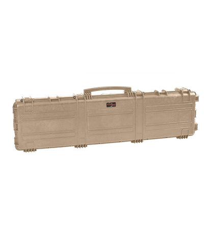 The Explorer 15416 is a long, tan hard-shell carrying case with a handle, secure latches, waterproof design, and manual pressure release valve, ideal for safely transporting equipment or firearms.