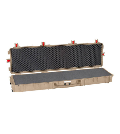 The Explorer 15416 is a long, tan waterproof case with stainless steel reinforced corners and a manual pressure release valve; opening the lid reveals black egg-crate foam lining inside.