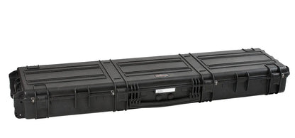 The Explorer 15416 is a long, black hard-shell waterproof case with stainless steel reinforced corners, handles, and secure latches, designed for safe transport of delicate or valuable equipment.