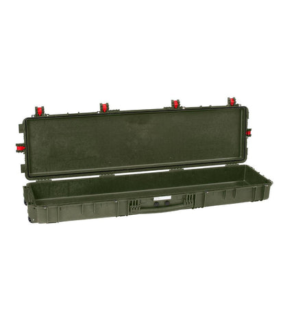 The Explorer 15416 is an open, empty green hard-shell rifle case with red latches, a handle, and stainless steel reinforced corners, displayed on a white background.