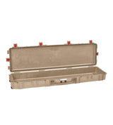 The Explorer 15416, a large tan waterproof case, is shown open with an empty interior, several red edge latches, and a manual pressure release valve for enhanced protection.
