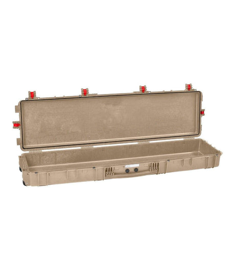 The Explorer 15416, a large tan waterproof case, is shown open with an empty interior, several red edge latches, and a manual pressure release valve for enhanced protection.