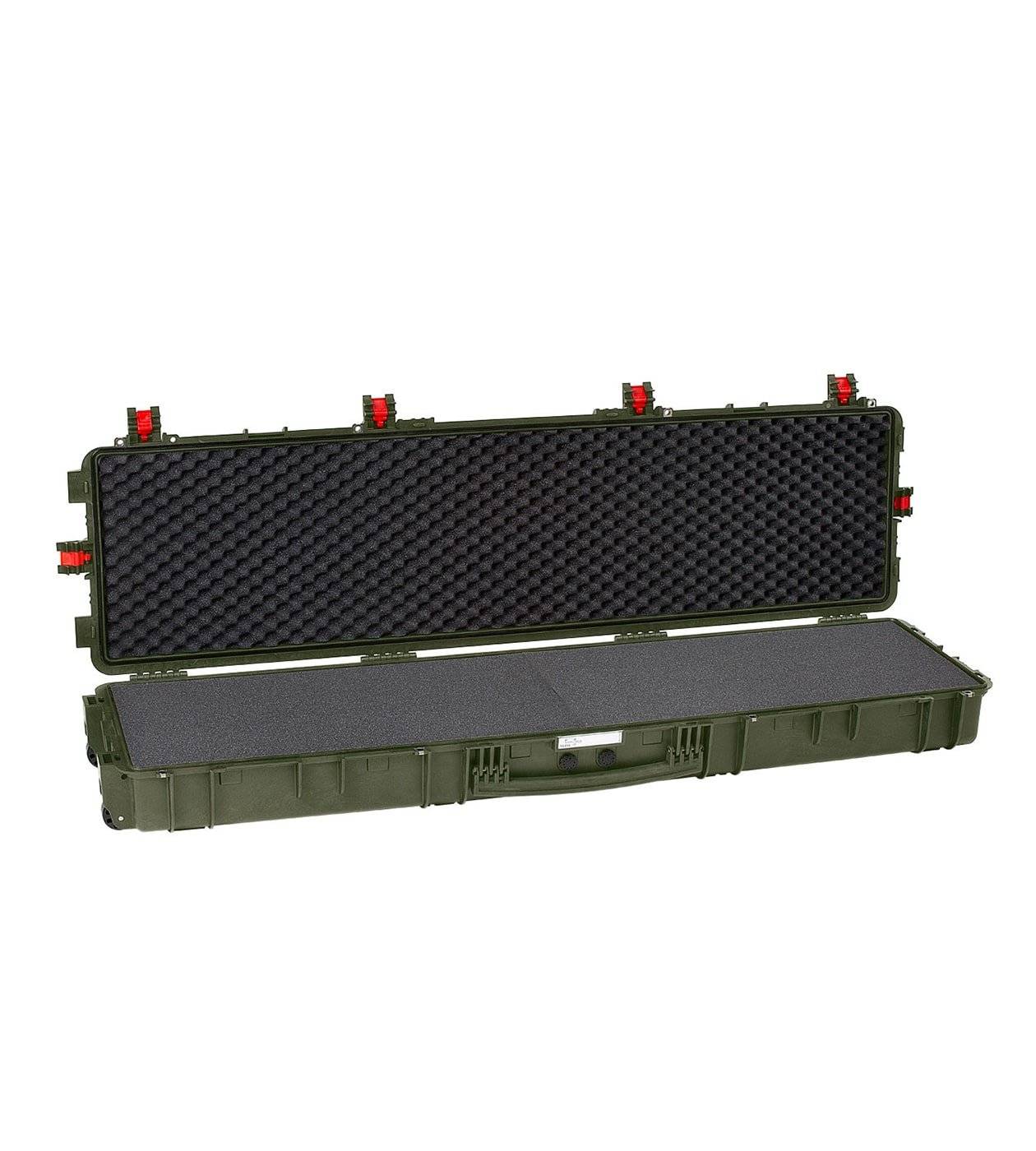The Explorer 15416 is an olive green hard plastic rifle case with red latches, a handle, foam interior, and a manual pressure release valve for extra protection.