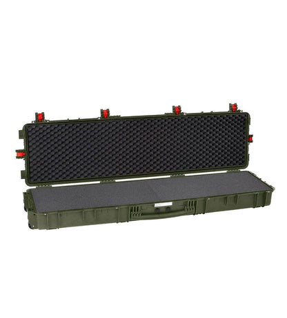The Explorer 15416 is an olive green hard plastic rifle case with red latches, a handle, foam interior, and a manual pressure release valve for extra protection.