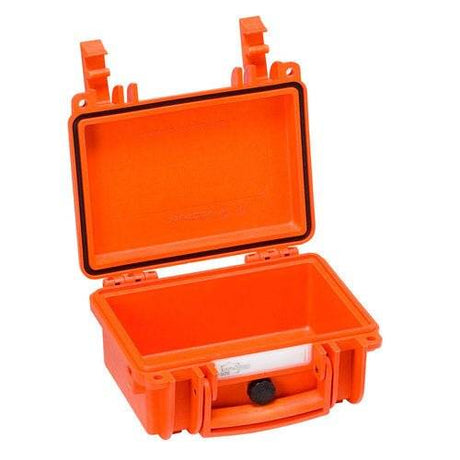 The Explorer 1908 is an orange plastic box with a waterproof case and custom foam interior, crafted to protect your valuables in any environment.