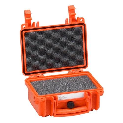 The Explorer 1908 is an open, small, orange hard plastic waterproof case with black egg-crate foam padding and a pressure release valve for added protection.