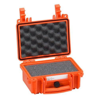 The Explorer 1908 is an open, small, orange hard plastic waterproof case with black egg-crate foam padding and a pressure release valve for added protection.