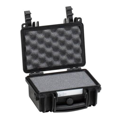 The Explorer 1908 is a small black hard waterproof case with a custom foam interior, shown open with latches up, a front handle, and a pressure release valve for extra protection.