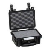 The Explorer 1908 is a small black hard waterproof case with a custom foam interior, shown open with latches up, a front handle, and a pressure release valve for extra protection.