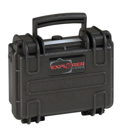 The Explorer 1908 is a black hard-shell waterproof case with a sturdy handle, side latches, pressure release valve, and a red and gray Explorer Cases logo on the front.