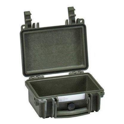 The Explorer 1908 is a small, olive green waterproof case with a hard shell and hinged lid that opens to reveal an empty interior—perfect for adding your own custom foam insert.