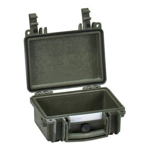 The Explorer 1908 is a small, olive green waterproof case with a hard shell and hinged lid that opens to reveal an empty interior—perfect for adding your own custom foam insert.