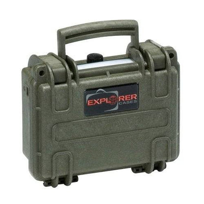 The Explorer 1908 is a small, green, hard-shell waterproof case with a handle, latches, a pressure release valve, and "EXPLORER CASES" branding on the front.