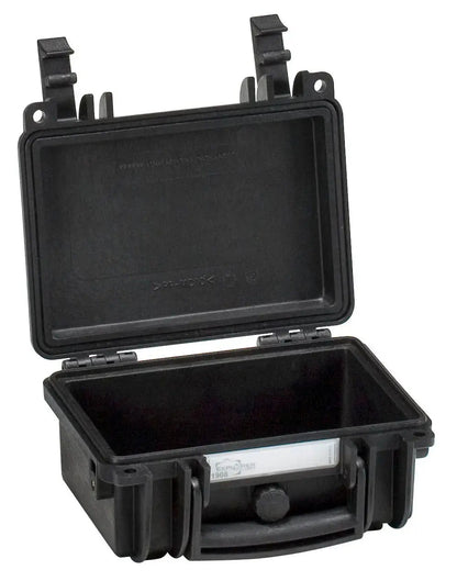 The Explorer 1908 is a small black hard plastic waterproof case with an open hinged lid, custom foam interior, and a front latch.