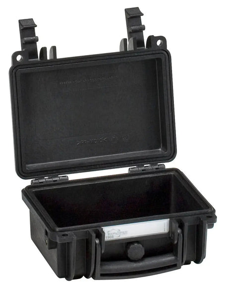 The Explorer 1908 is a small black hard plastic waterproof case with an open hinged lid, custom foam interior, and a front latch.