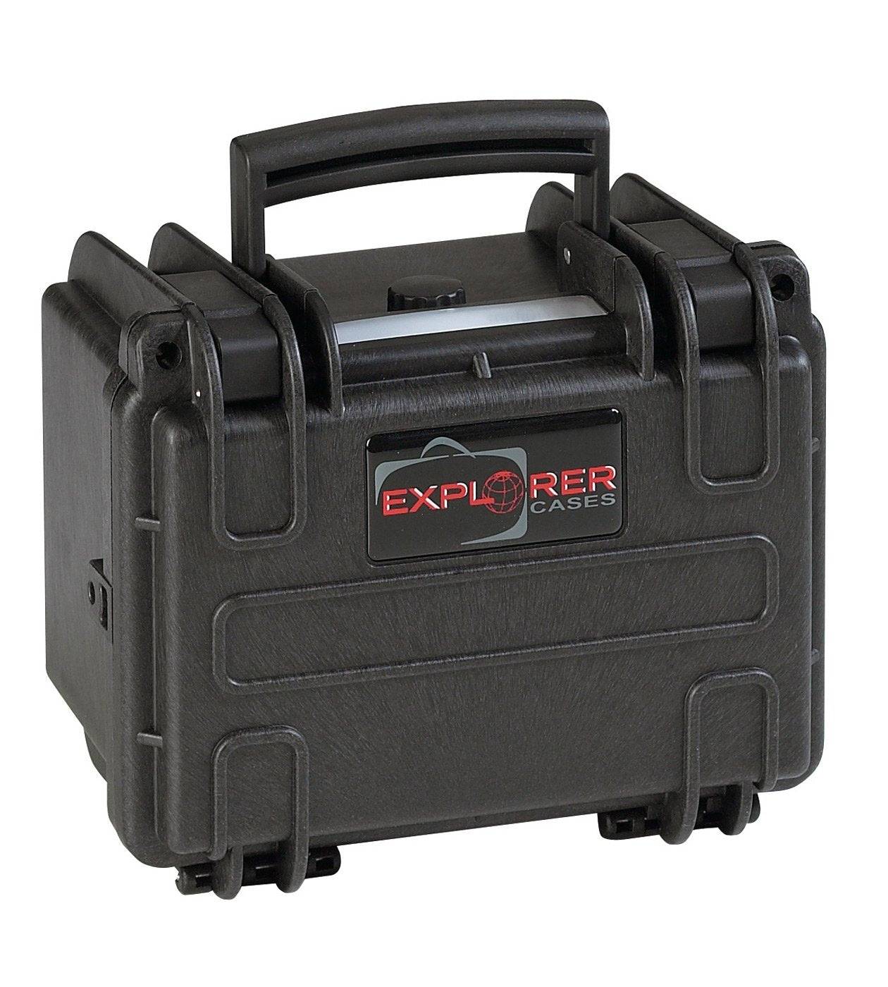 The Explorer 1913 is a black hard-shell corrosion proof case with a handle, secure latches, and a red and white waterproof label on the front.