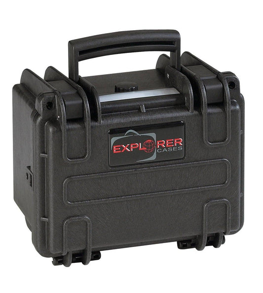 The Explorer 1913 is a black hard-shell corrosion proof case with a handle, secure latches, and a red and white waterproof label on the front.