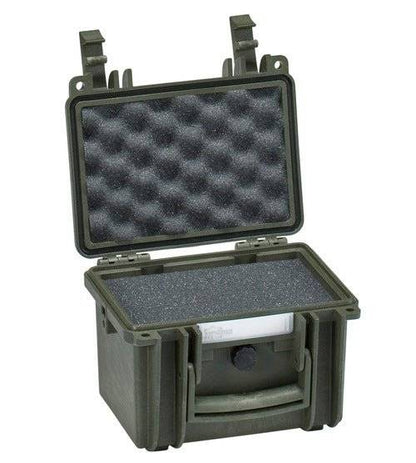 The Explorer 1913, a rugged, dark green corrosion-proof case with a custom foam interior, is open, revealing its latch, handle, and a securely stored item inside.