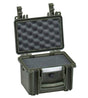 The Explorer 1913, a rugged, dark green corrosion-proof case with a custom foam interior, is open, revealing its latch, handle, and a securely stored item inside.