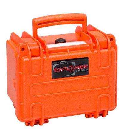 The Explorer 1913 is a bright orange hard plastic carrying case with a handle and latch, labeled "Explorer Cases" on the front. It features a custom foam interior to securely protect your gear.
