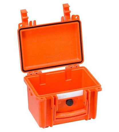 The Explorer 1913 is an open, empty orange hard plastic protective case featuring a hinged lid, secure latches, and a corrosion-proof design.