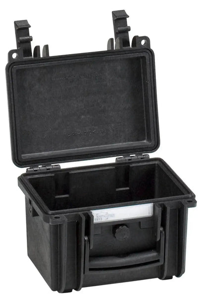 The Explorer 1913 is a small, black, hard plastic protective case with an open lid showing an empty interior, front latch, and a waterproof label for added security.