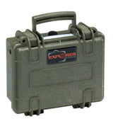 The Explorer 2209 is a small, hard-shell olive green waterproof case with a handle, secure latches, manual pressure release valve, and a black and red Explorer logo on the front.