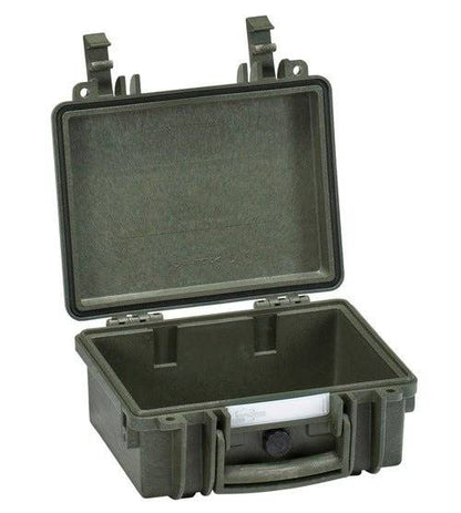 The Explorer 2209, an open and empty olive green waterproof case with latches, hinges, and handle, is shown on a white background; its design supports a custom foam interior.