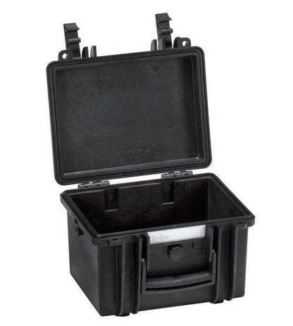 The Explorer 2214 is a black plastic hard case with an open hinged lid, front handle, visible latches, and a protective foam interior.