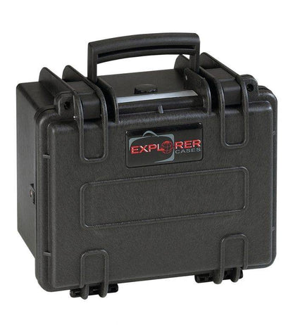 The Explorer 2214 is a black, hard plastic waterproof case featuring a top handle, front secure latches, corrosion-proof design, and a branded label.