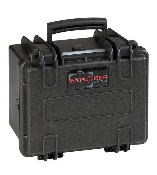 The Explorer 2214 is a black, hard plastic waterproof case featuring a top handle, front secure latches, corrosion-proof design, and a branded label.