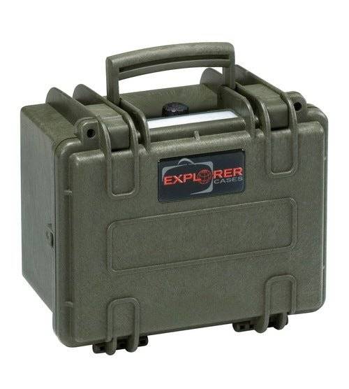 The Explorer 2214 is a green, hard-shell waterproof case featuring a handle, secure latches, corrosion-proof build, and a black and red Explorer Cases logo on the front.