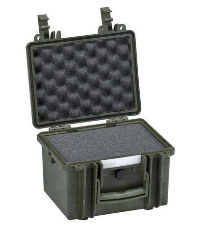 The Explorer 2214 is a hard plastic waterproof case featuring a foam interior, open compartments, and secure latches.
