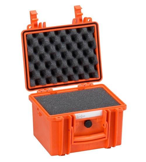 The Explorer 2214 is an open orange hard plastic waterproof case with foam padding in the lid and base, designed to safely store and transport items.