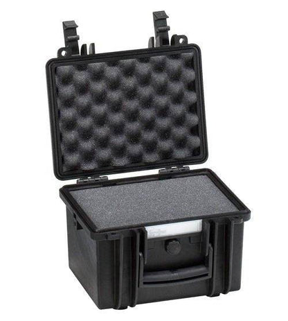 The Explorer 2214 is a compact black hard plastic waterproof case with an open lid, revealing a foam interior that cushions and protects your items.