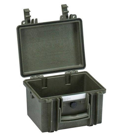 The Explorer 2214 is a green hard plastic waterproof case with a hinged lid open, showing an empty interior and a front handle.