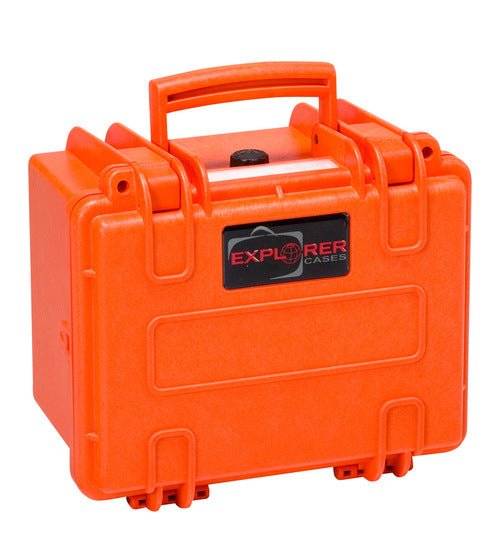 The Explorer 2214 is a bright orange hard plastic waterproof case with a handle, black latch closures, corrosion-proof design, and features a black and red Explorer logo on the front.