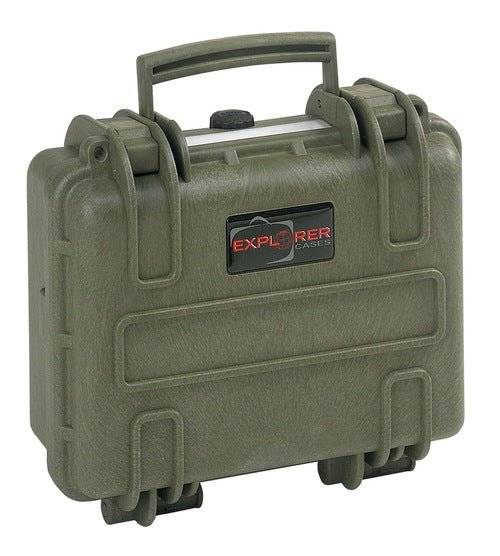 The Explorer 2712 is a green hard plastic carrying case with a handle, latches, and a waterproof label, featuring "Explorer Case" on the front.