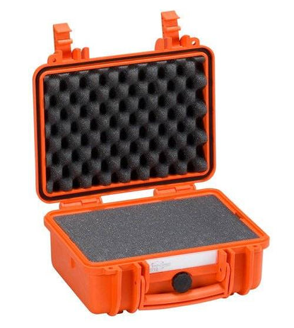 The Explorer 2712 is an open orange hard plastic case with custom foam padding and panel mounting brackets, designed to safely store and transport fragile equipment.