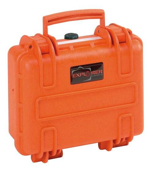 The Explorer 2712 is an orange hard plastic carrying case with a handle, latches, custom foam interior, and a label that reads Explorer Cases.
