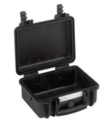 The Explorer 2712 is a black hard plastic case with an open hinged lid, empty interior, secure top latch clasps, and a waterproof label for extra durability.