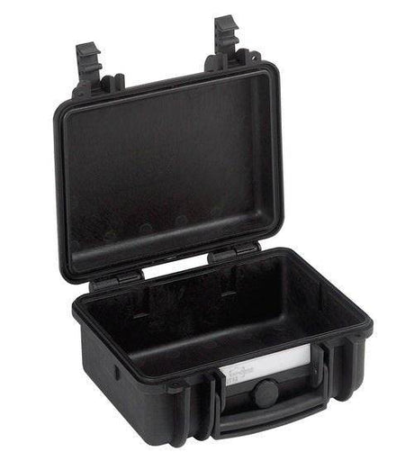 The Explorer 2712 is a black hard plastic case with an open hinged lid, empty interior, secure top latch clasps, and a waterproof label for extra durability.