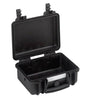 The Explorer 2712 is a black hard plastic case with an open hinged lid, empty interior, secure top latch clasps, and a waterproof label for extra durability.