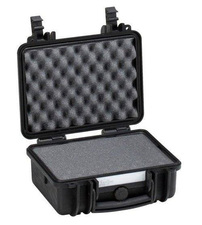 The Explorer 2712 is a black hard-shell custom foam case, open to reveal foam padding in the lid and base for secure storage and transport. Perfect for use with panel mounting brackets or waterproof labels.