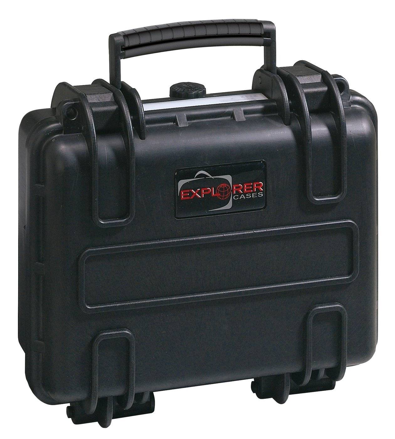 The Explorer 2712 is a black hard-shell case with a handle, secure latches, customizable foam interior, panel mounting brackets for versatility, and a waterproof label for easy identification—ideal for sensitive equipment.