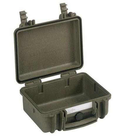 The Explorer 2712 is a small, olive green hard-shell protective case with an open lid, latches, handle, custom foam interior, and a waterproof label for added security.